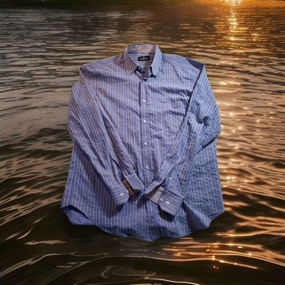 Bugatchi Men's XL Blue Striped Button Long Sleeve Flip Cuff Shirt 1082
